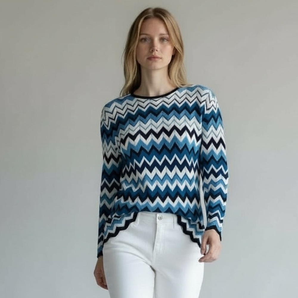 ALFRED DUNNER Chevron striped sweater blue + white nautical women’s large